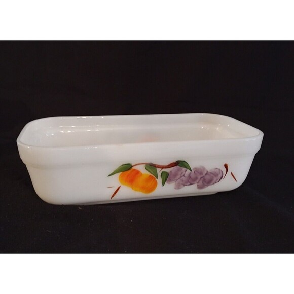 Vintage Fire King GAY FAD 8" Milk Glass Loaf Pan Fruit Peach & Grapes Bakeware - Picture 3 of 7